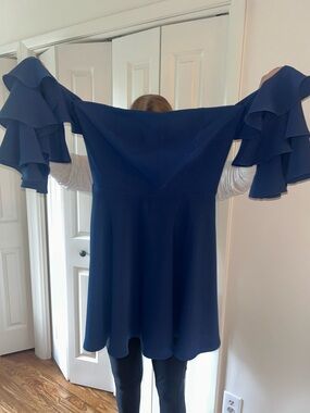 Amanda Uprichard Navy Strapless Dress with Ruffle Sleeves